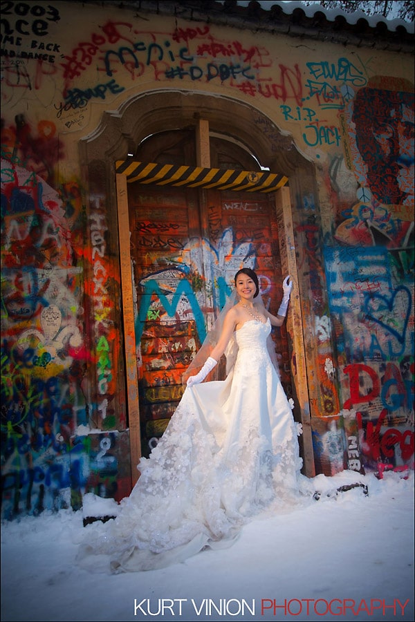 Prague pre wedding photography / Helen & CY winter pre wedding portraits at the John Lennon Wall