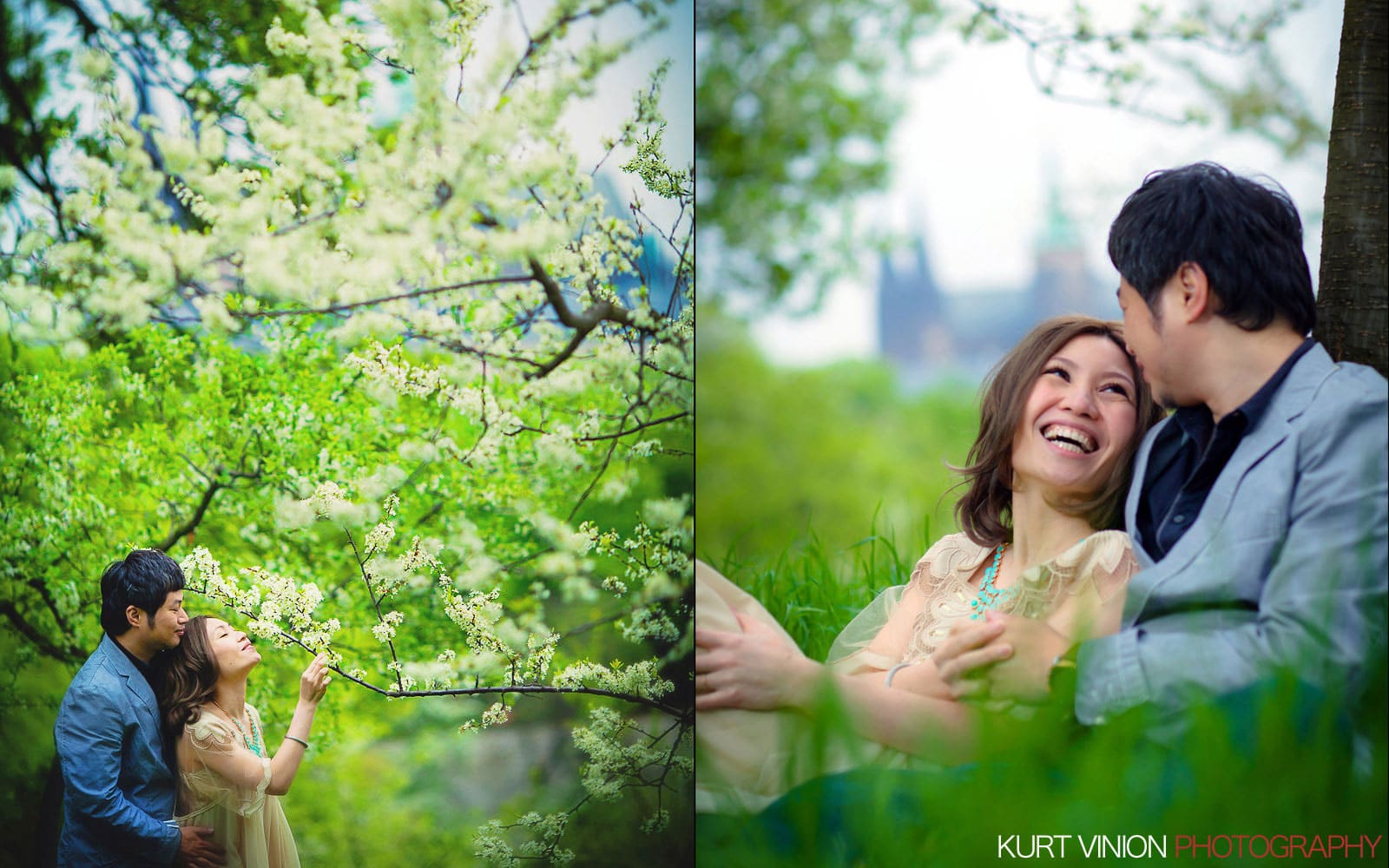 Prague pre wedding / Shirley & Green / photography under the cherry blossom trees at Petrin hill