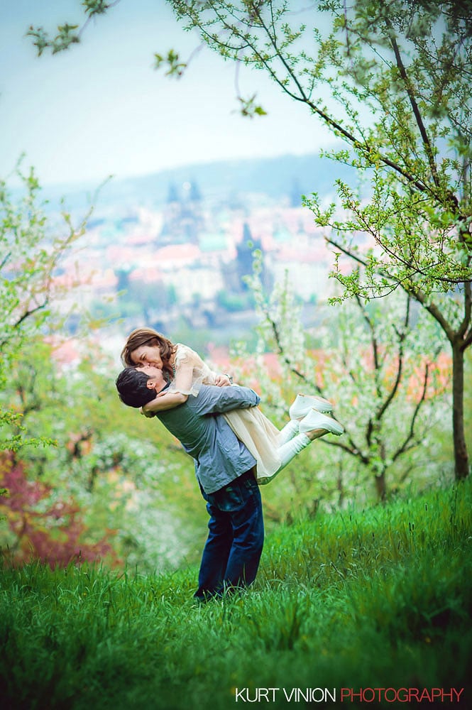 Prague pre wedding / Shirley & Green / photography under the cherry blossom trees at Petrin hill