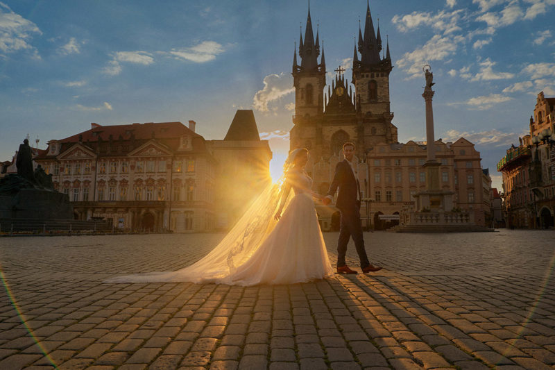 A cinematic inspired portrait in the Old Town Square shortly after sunrise.