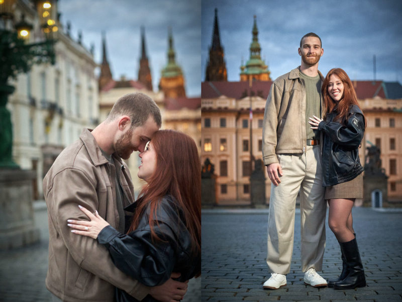 Max and Bryanna celebrate their engagement at Prague Castle at night.