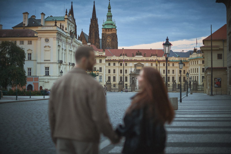 Max and Bryanna explore Prague Castle after their surprise proposal.